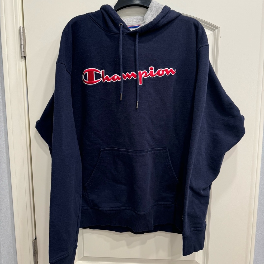 Vintage Champion Reverse Weave Spell Out Blue Hoodie Sweatshirt Men's XL